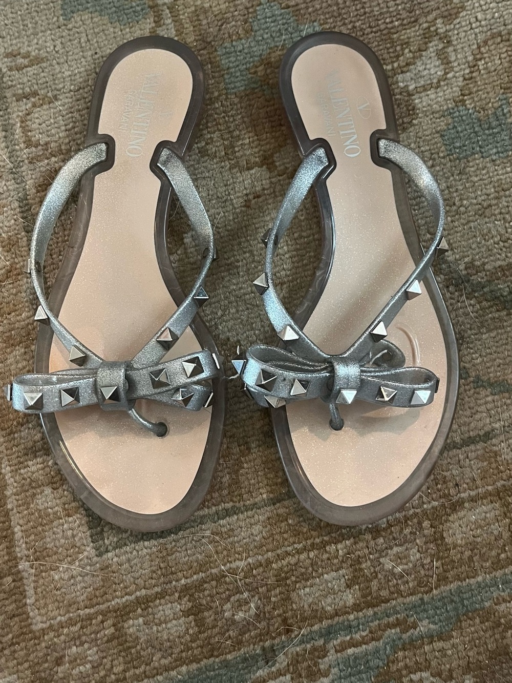 Valentino Garavani Metallic Silver Bow Stud Sandals